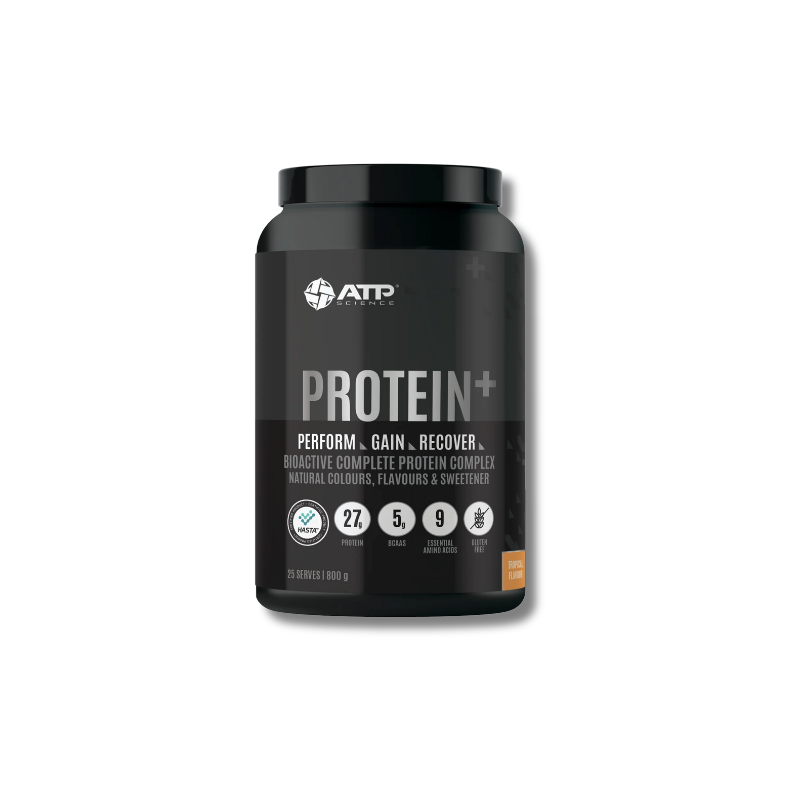 Black protein supplement container with ATP branding on a white background