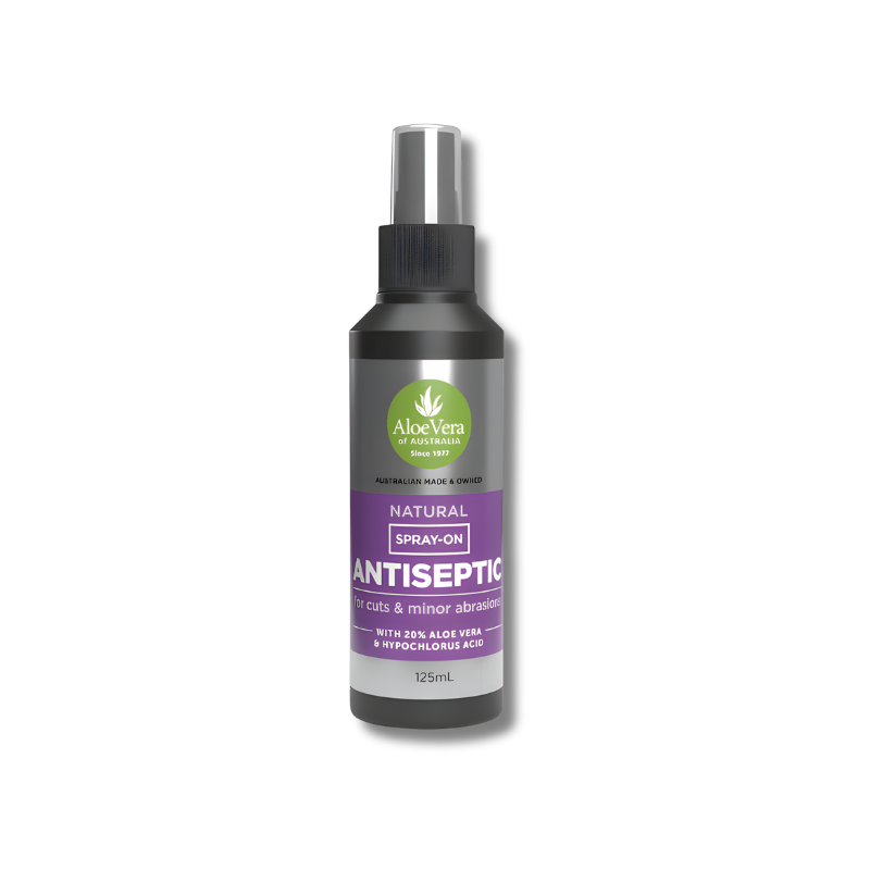 Antiseptic spray bottle with Aloe Vera label on a white background