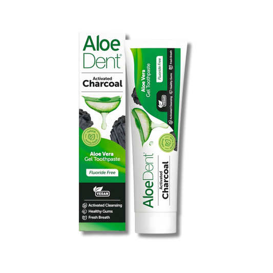 Aloe Dent Activated Charcoal toothpaste packaging on a white background