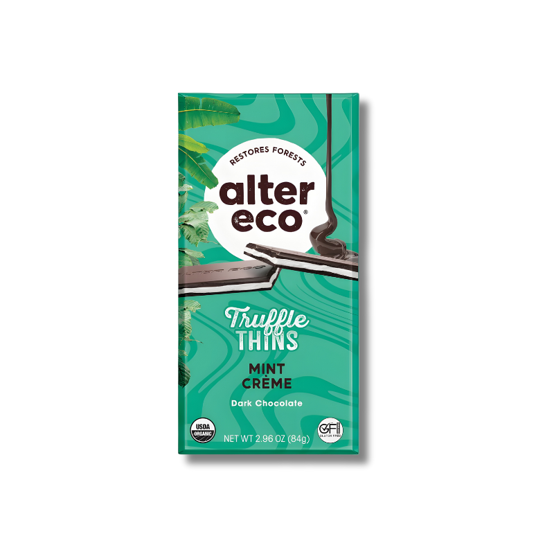 Alter Eco Mint Creme Truffle Thins chocolate packaging on a white background