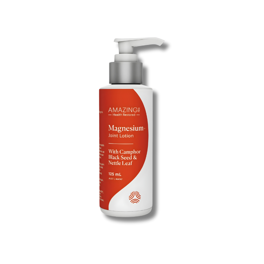 Amazing Oils Magnesium+ Joint Lotion supports joint and muscle comfort with topical magnesium, while camphor, black seed and nettle leaf provide a soothing, warming sensation to help ease everyday aches and stiffness.
