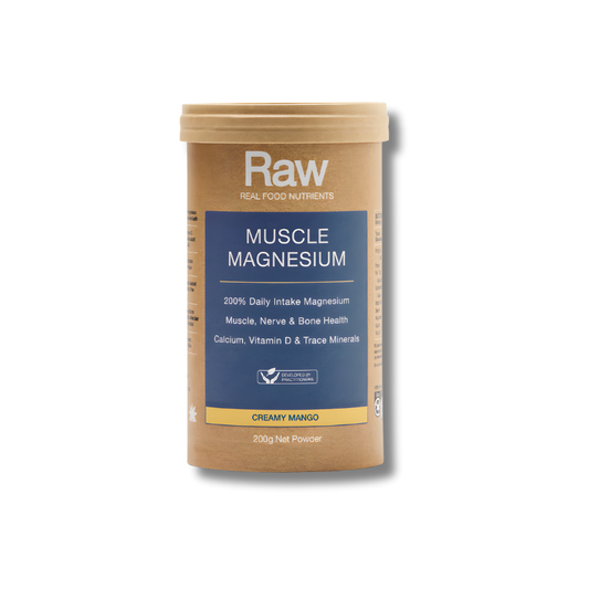 Container of Raw Muscle Magnesium powder on a white background
