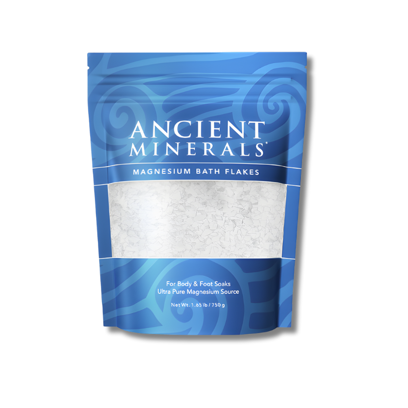 Packaging of Ancient Minerals magnesium bath flakes on a white background