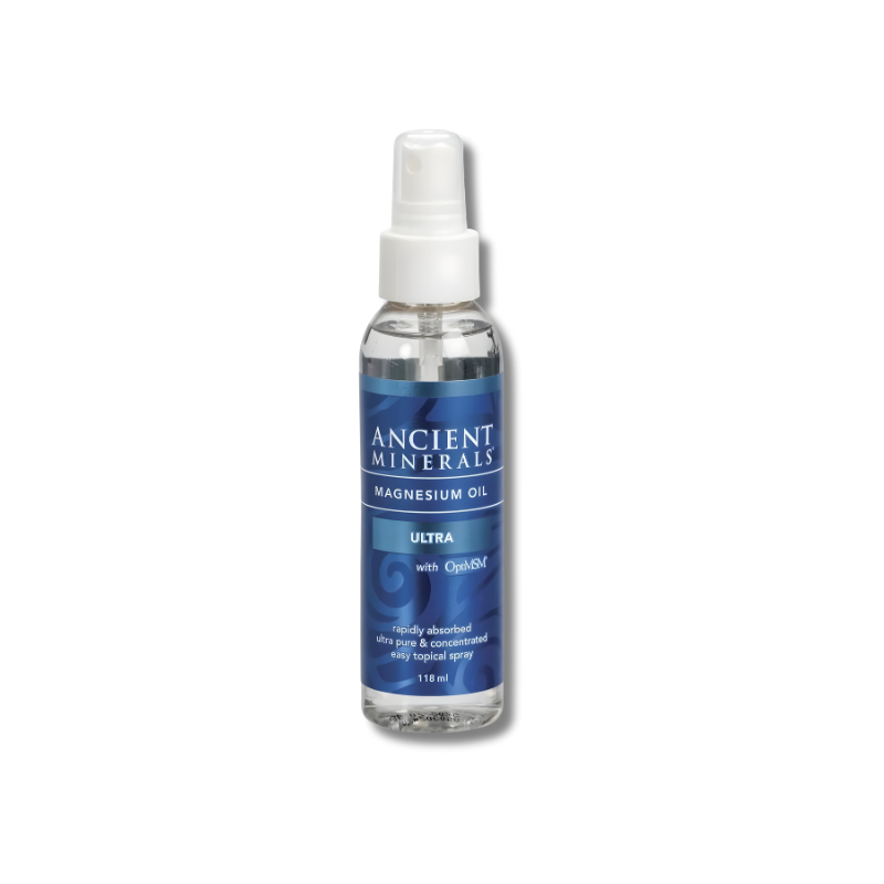 Bottle of Ancient Minerals magnesium oil spray on a white background