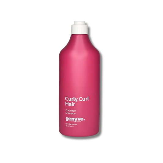 Pink shampoo bottle with white cap labeled 'Curly Curl Hair' by 'genyve.' on a white background