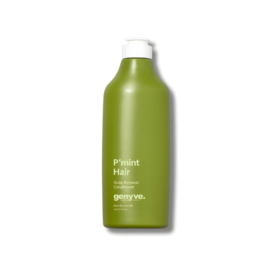 Green bottle of 'P'mint Hair' scalp renewal conditioner by genye on a white background