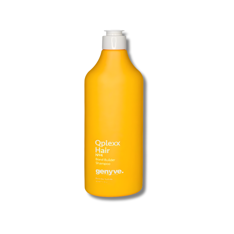 Yellow bottle of Qplexx Hair Care product on a white background