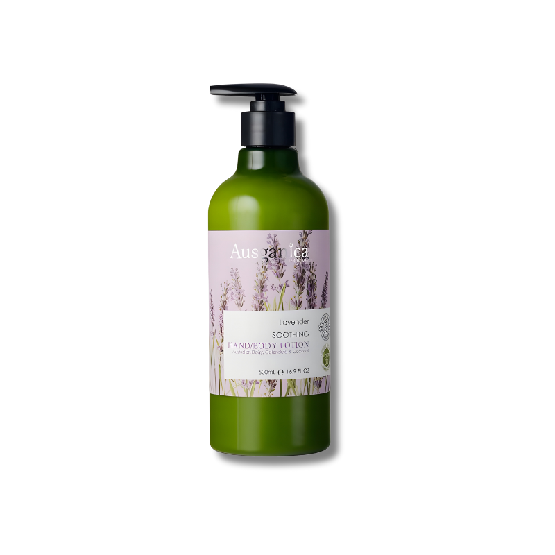 Green lotion bottle with lavender label on a white background