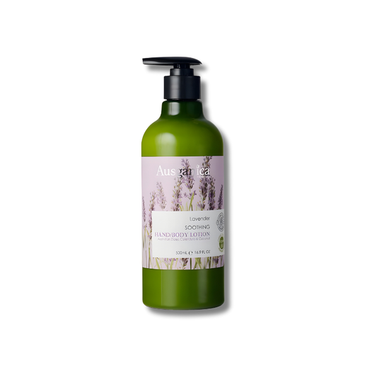 Green lotion bottle with lavender label on a white background
