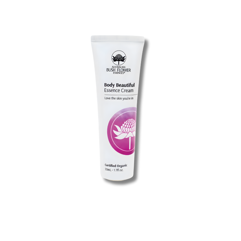 Tube of 'Body Beautiful Essence Cream' by Australian Bush Flower Essences on a white background
