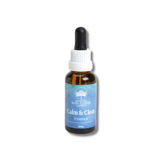 Bottle of 'Calm & Clear' essence with a dropper on a white background