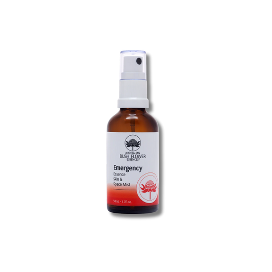 Bottle of 'Emergency' essence with a spray nozzle on a white background