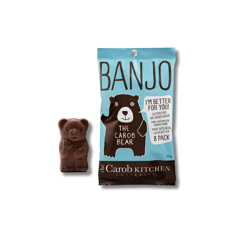Carob bear and packaging with 'Banjo' branding on a white background