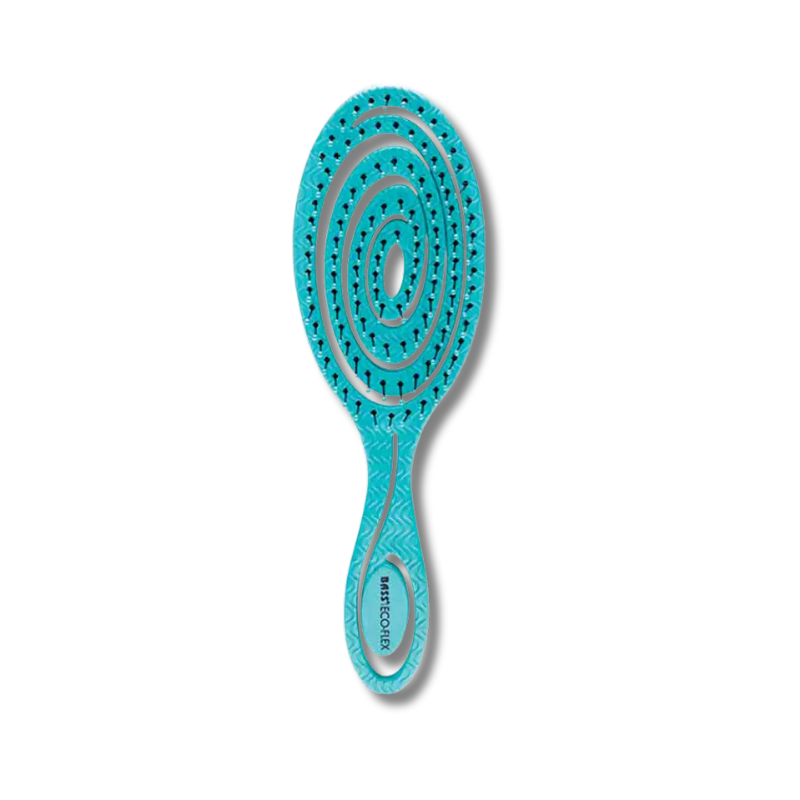 Turquoise hairbrush with a circular pattern on a white background