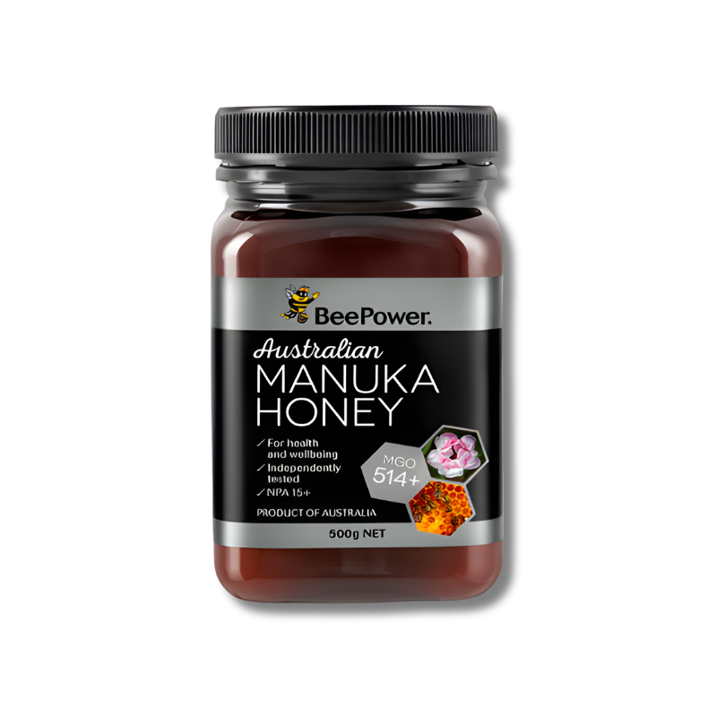 Jar of Australian Manuka Honey with BeePower branding on a white background