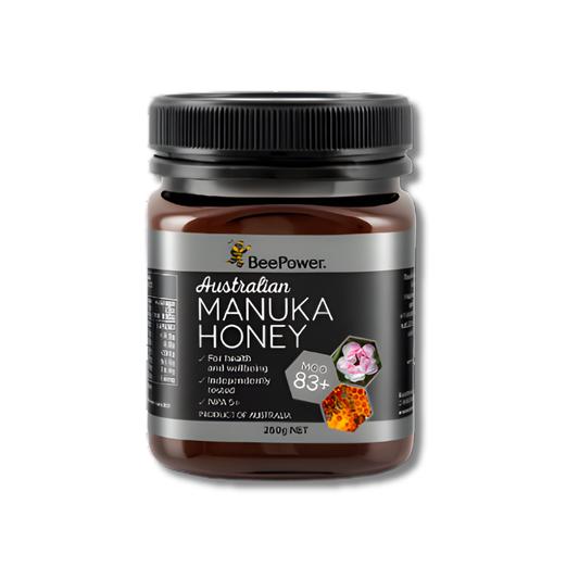Jar of Australian Manuka Honey with BeePower branding on a white background