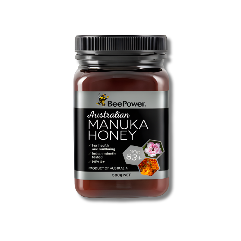 Jar of Australian Manuka Honey with BeePower branding on a white background