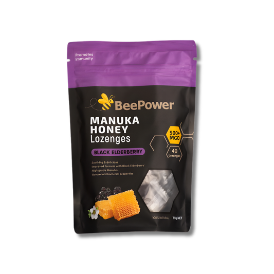 Pack of BeePower Manuka Honey Lozenges with black and purple design on a white background