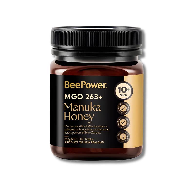 Jar of BeePower MGO 263+ Manuka Honey on a white background