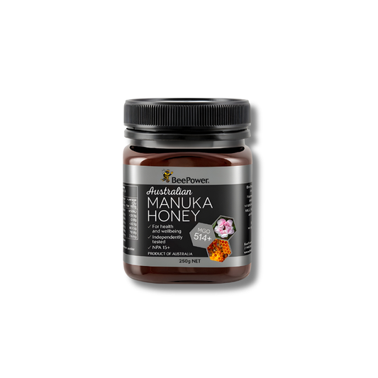 Jar of Australian Manuka Honey with BeePower branding on a white background