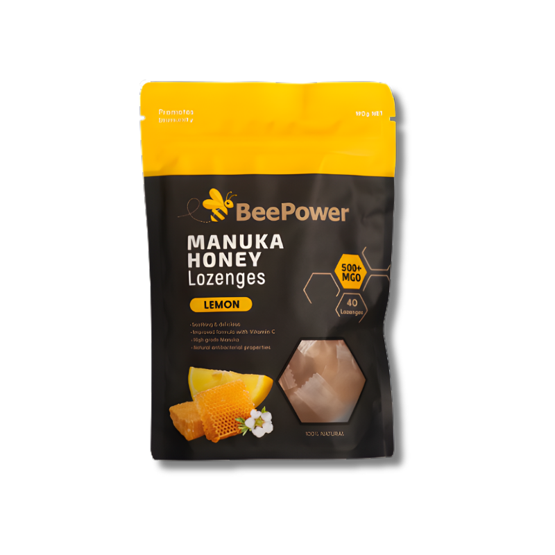 BeePower Manuka Honey Lozenges packaging with lemon flavor on a white background