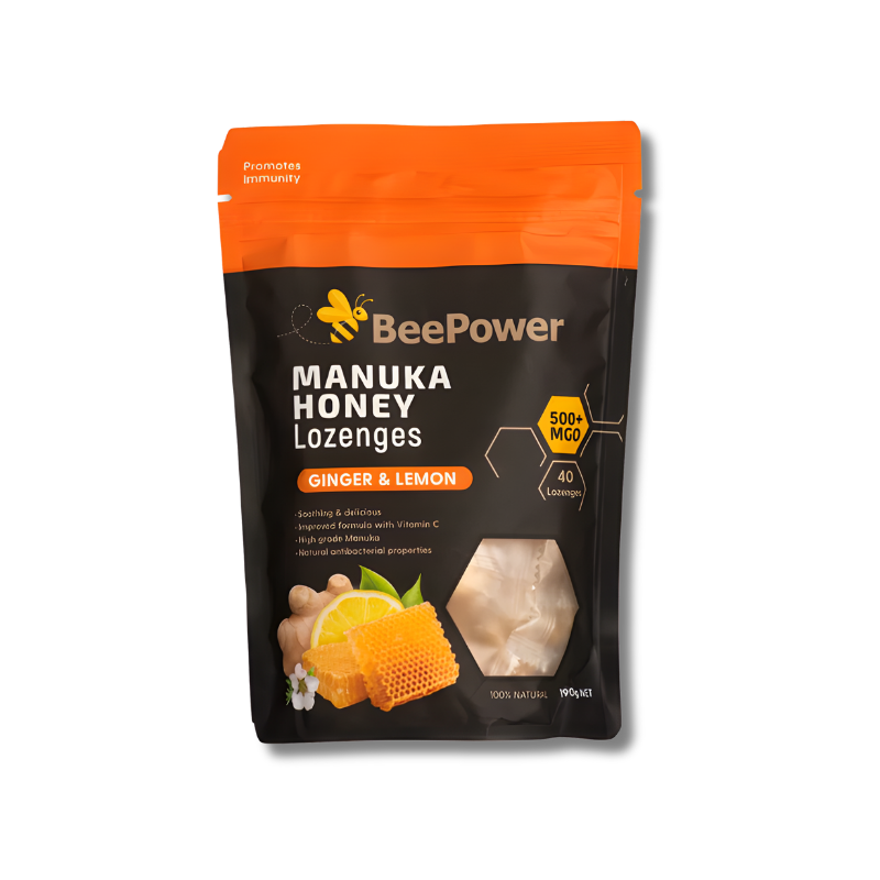 BeePower Manuka Honey Lozenges packaging with ginger and lemon illustration on a white background