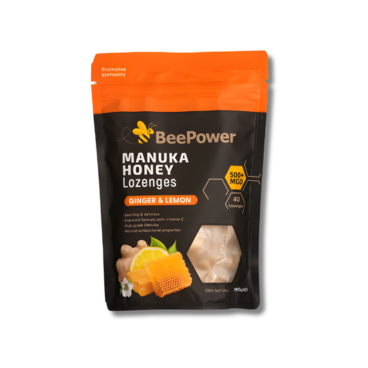 BeePower Manuka Honey Lozenges packaging with ginger and lemon illustration on a white background