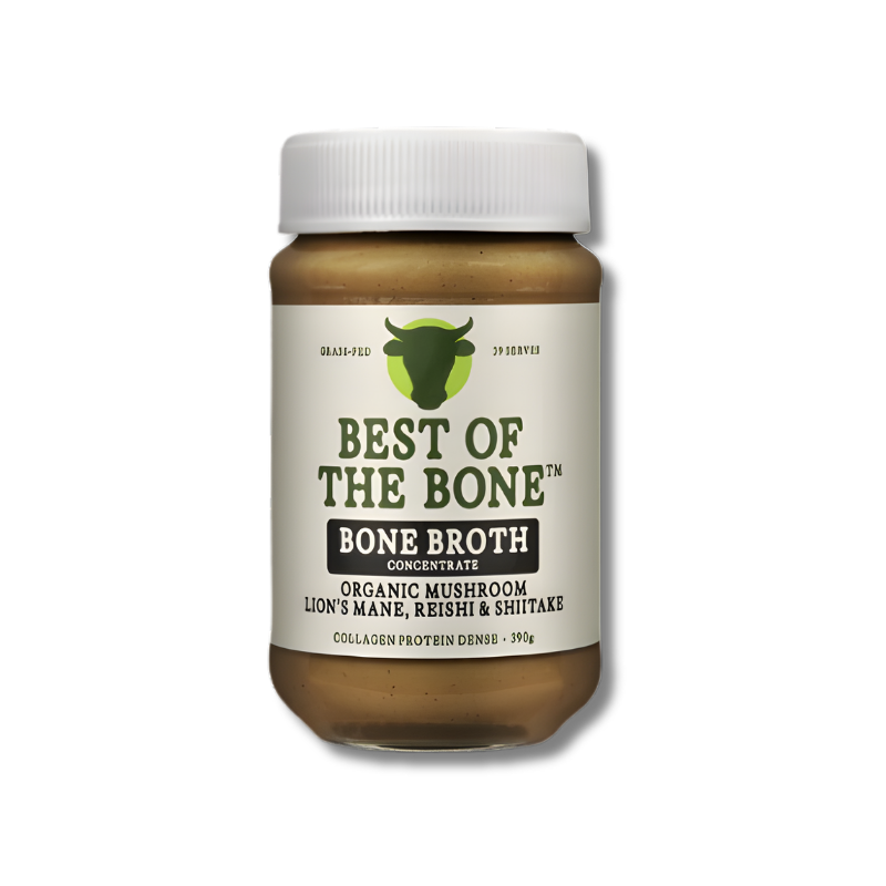 Jar of 'Best of the Bone' bone broth on a white background