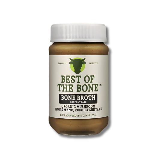 Jar of 'Best of the Bone' bone broth on a white background