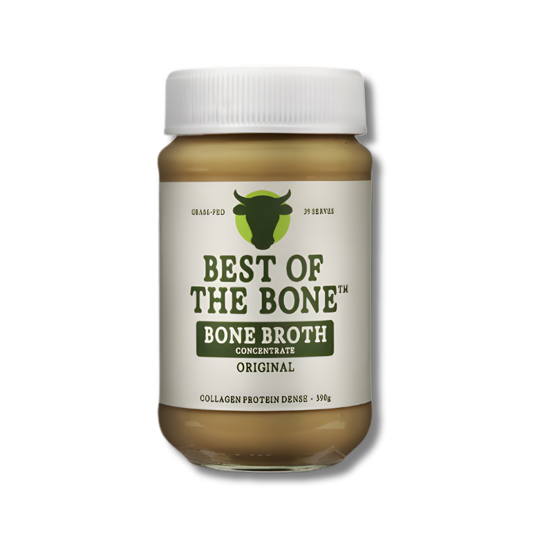 Jar of 'Best of the Bone' bone broth on a white background
