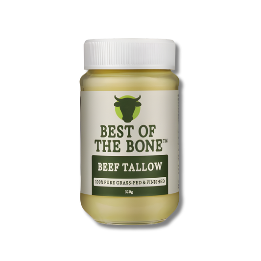 Jar of 'Best of the Bone' tallow on a white background
