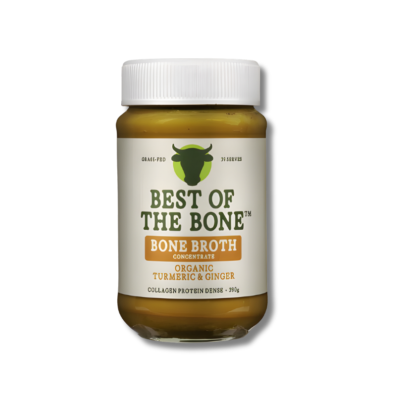 Jar of 'Best of the Bone' bone broth with a white lid on a white background
