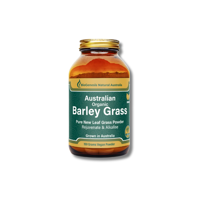 BioGenesis Organic Barley Grass 150g supports general wellbeing as a powdered green food supplement.