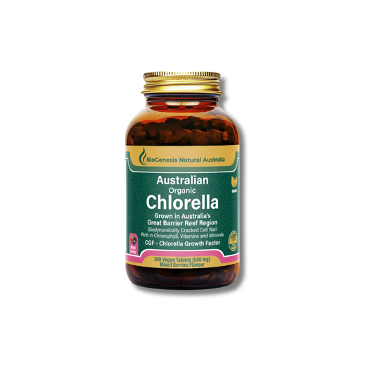 BioGenesis Organic Chlorella Berry 300 Tabs supports general wellbeing as a green algae dietary supplement.