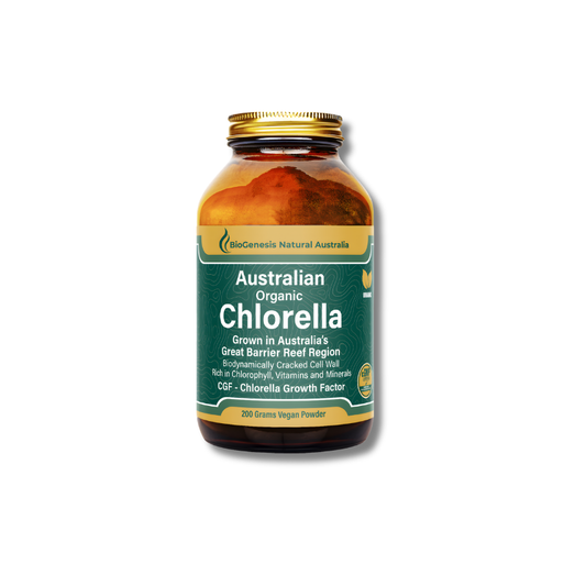 Bottle of Australian Organic Chlorella on a white background