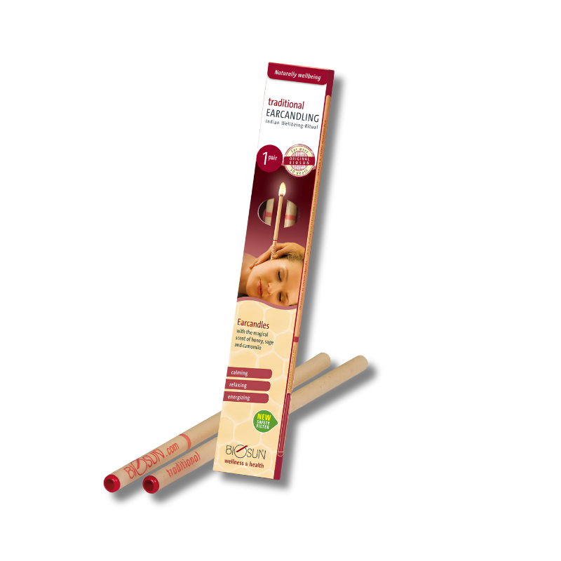 Two traditional Swedish ear candling rods with red tips displayed diagonally in front of their retail packaging box on a clean white background.
