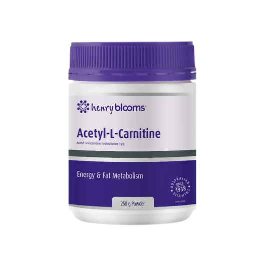 Henry Blooms Acetyl-L-Carnitine powder container with purple lid and label on a white background