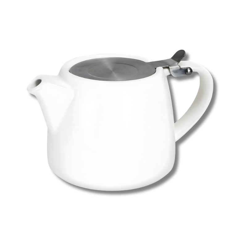 Premium ceramic teapot with stainless steel lid and built-in infuser for easy brewing, modern design, and effortless cleaning.