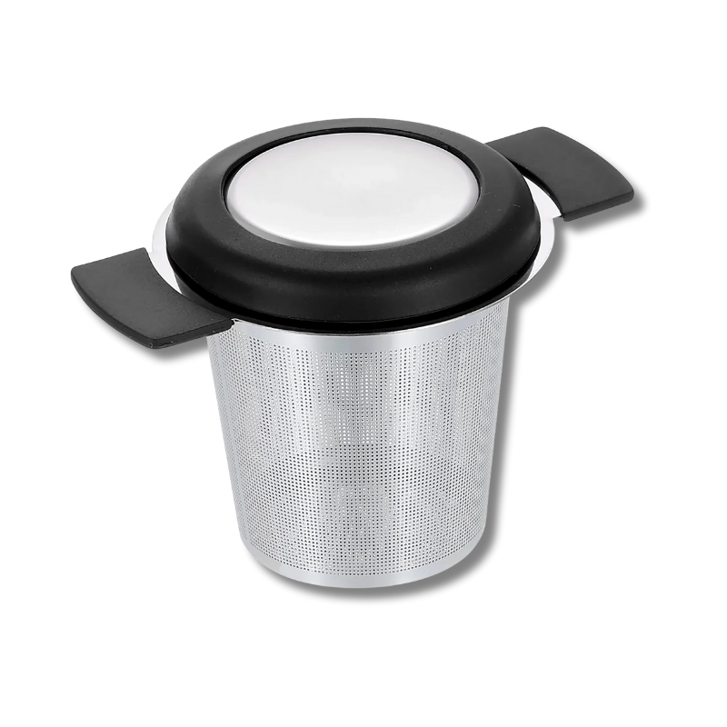 Stainless steel tea infuser with silicone handles and drip tray for easy, mess-free brewing and rich loose-leaf flavour.