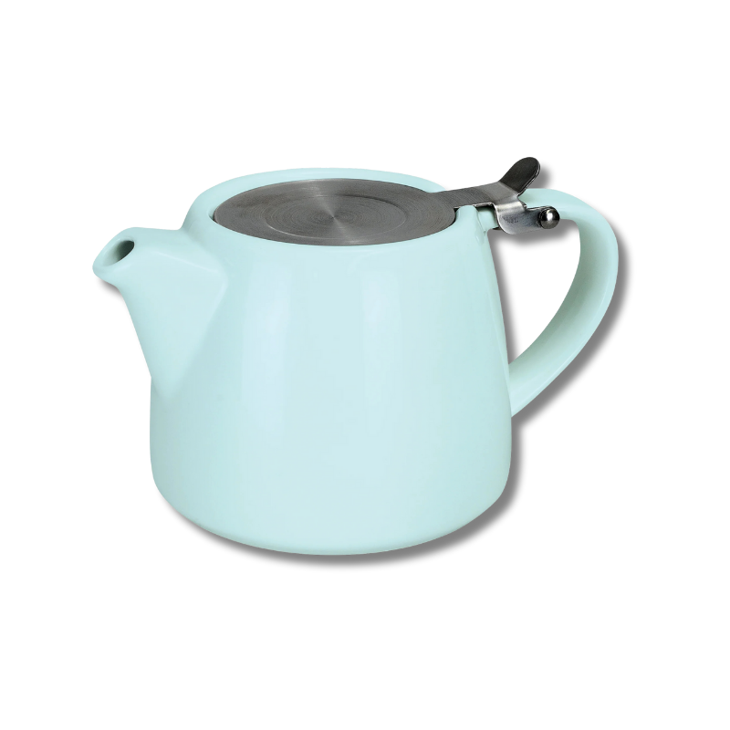 Light blue teapot with a silver lid on a white background