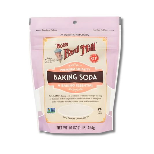 Bob's Red Mill baking soda package on a white background