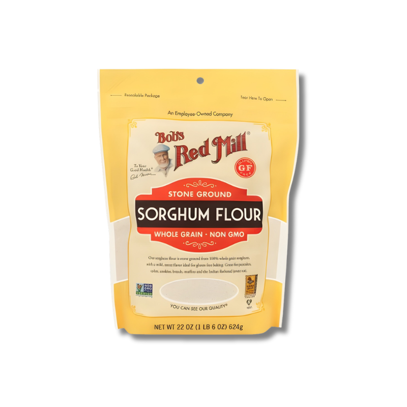 Bag of Bob's Red Mill stone ground sorghum flour on a white background
