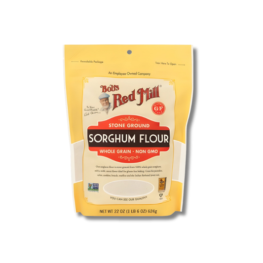 Bag of Bob's Red Mill stone ground sorghum flour on a white background