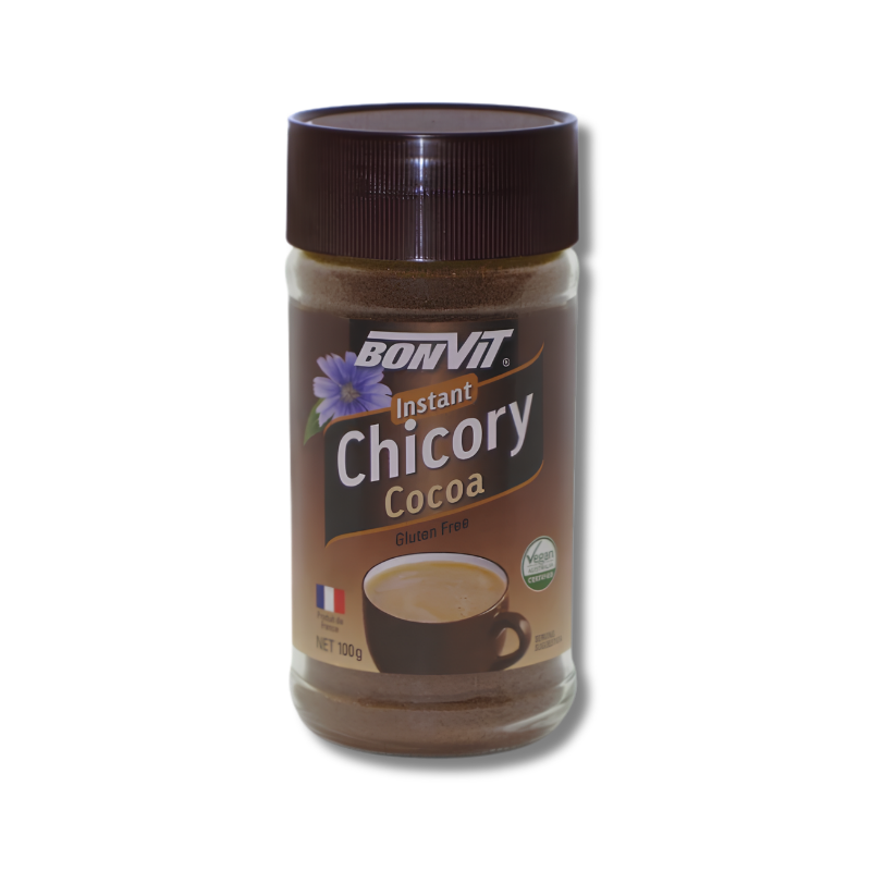 Jar of Bonvit Instant Chicory Cocoa on a white background