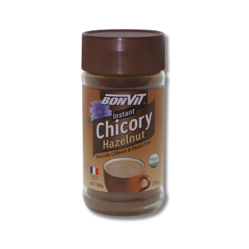 Jar of Bonvit Instant Chicory Hazelnut on a white background