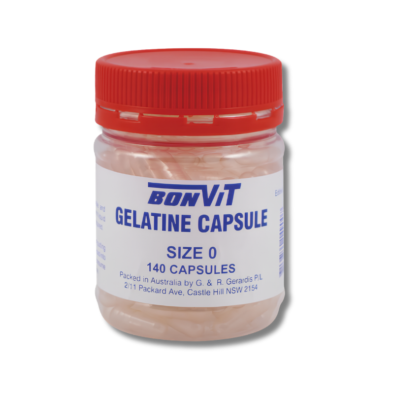 Jar of Bonvit gelatine capsules with a red lid on a white background