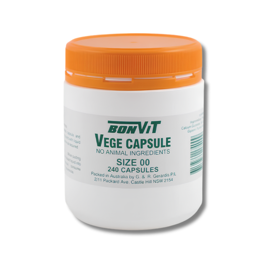 Jar of Bonvit Vege Capsules with orange lid on a white background