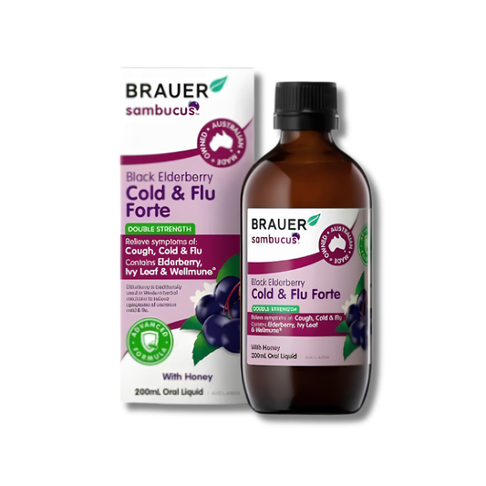 Brauer Sambucus Black Elderberry Cold & Flu Forte bottle and packaging on a white background