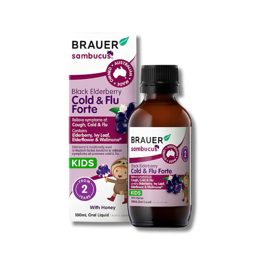 Brauer Black Elderberry Cold and Flu Forte Kids supports immune system health and helps maintain general wellbeing in children