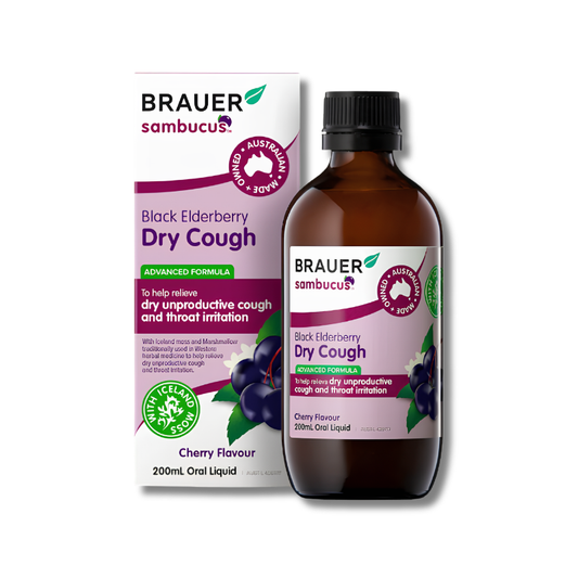 Brauer Black Elderberry Dry Cough syrup bottle and packaging on a white background
